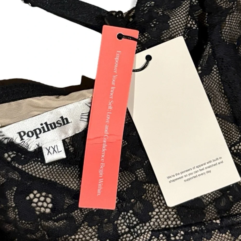Popilush Shapewear V Neck Tummy Control Backless Lace Thong Bodysuit - Picture 8 of 11